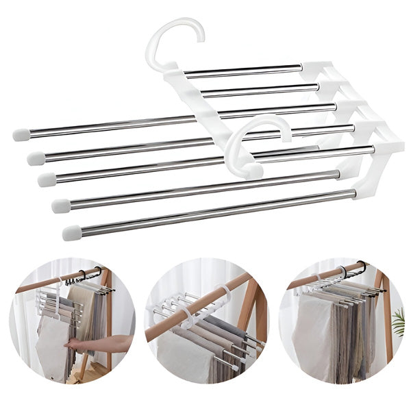 Belro multifunctional hangers for pants, shown holding various clothing items, ideal for home storage and organization.