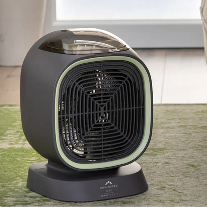 Belro Silent Power Eco Fan Heater emitting warm air, energy-efficient home heating appliance with sleek design.