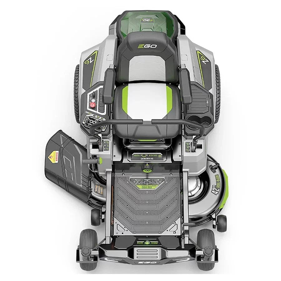 Casavibeo 42-inch Power+ Z6 Zero Turn Lawn Mower with four 10.0 Ah batteries and 1600W charger, shown on a lawn.