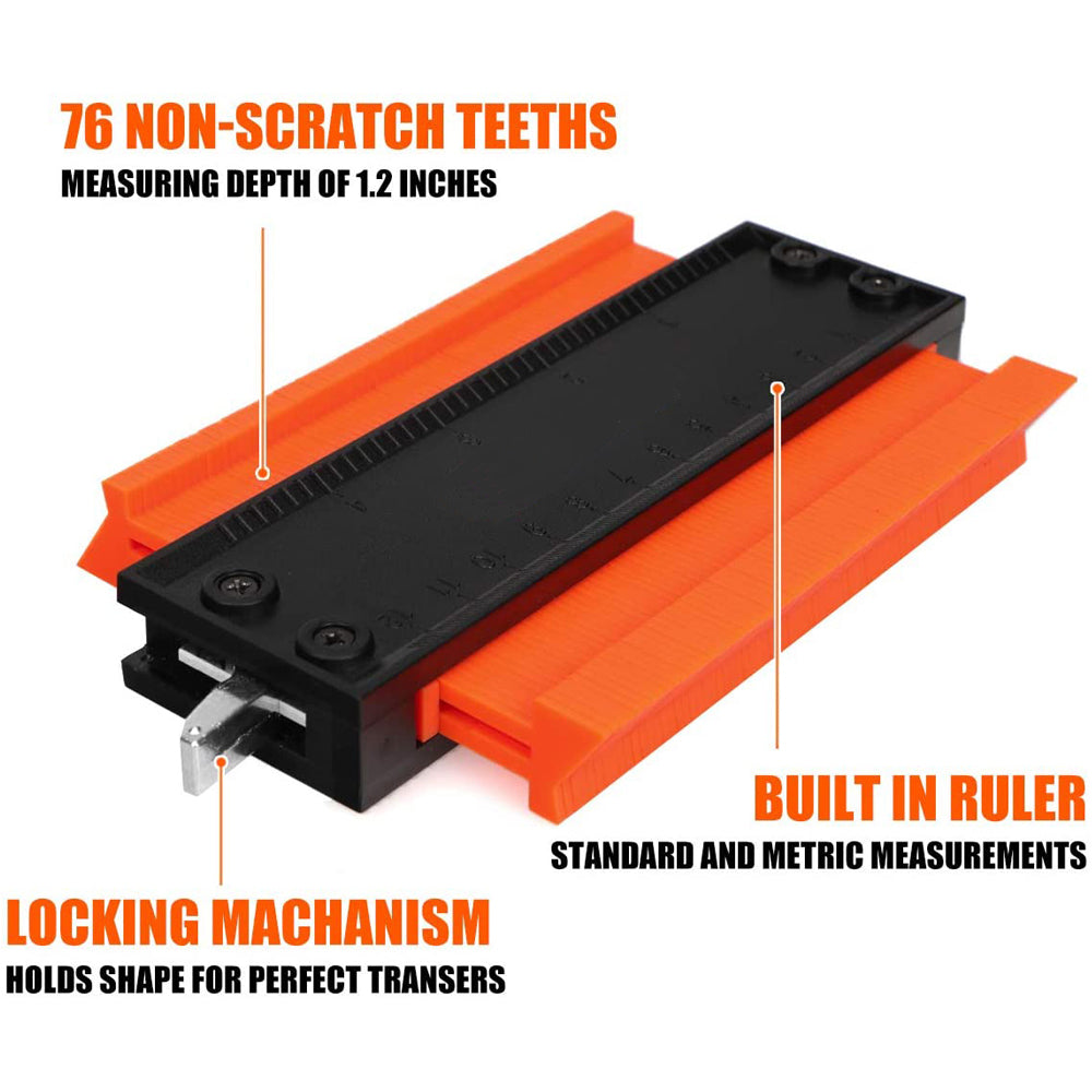 Belro contouring gauge tool for precise measurements, showing its adjustable plastic arms and measurement markings.