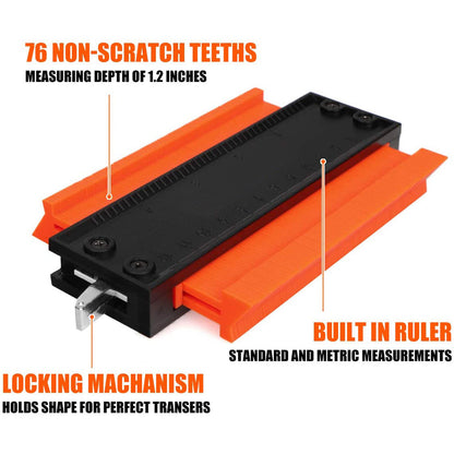 Belro contouring gauge tool for precise measurements, showing its adjustable plastic arms and measurement markings.