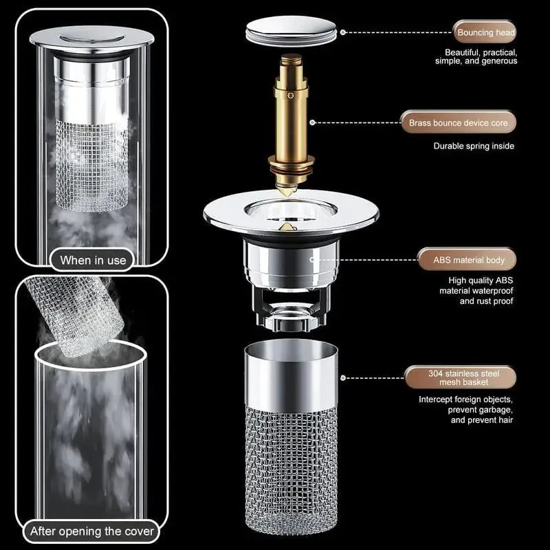 Stainless steel Mivoza drain filter with hair catcher for bathroom sink, easy to clean and prevent hair clogs.