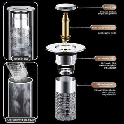 Stainless steel Mivoza drain filter with hair catcher for bathroom sink, easy to clean and prevent hair clogs.