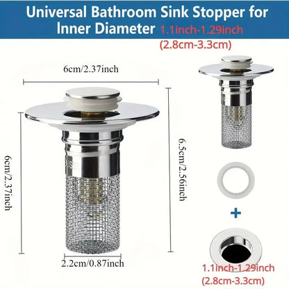 Stainless steel Mivoza drain filter with hair catcher for bathroom sink, easy to clean and prevent clogs.