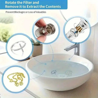 Stainless steel Mivoza drain filter hair catcher for bathroom sink, easy to clean and prevent hair clogs in the drain.