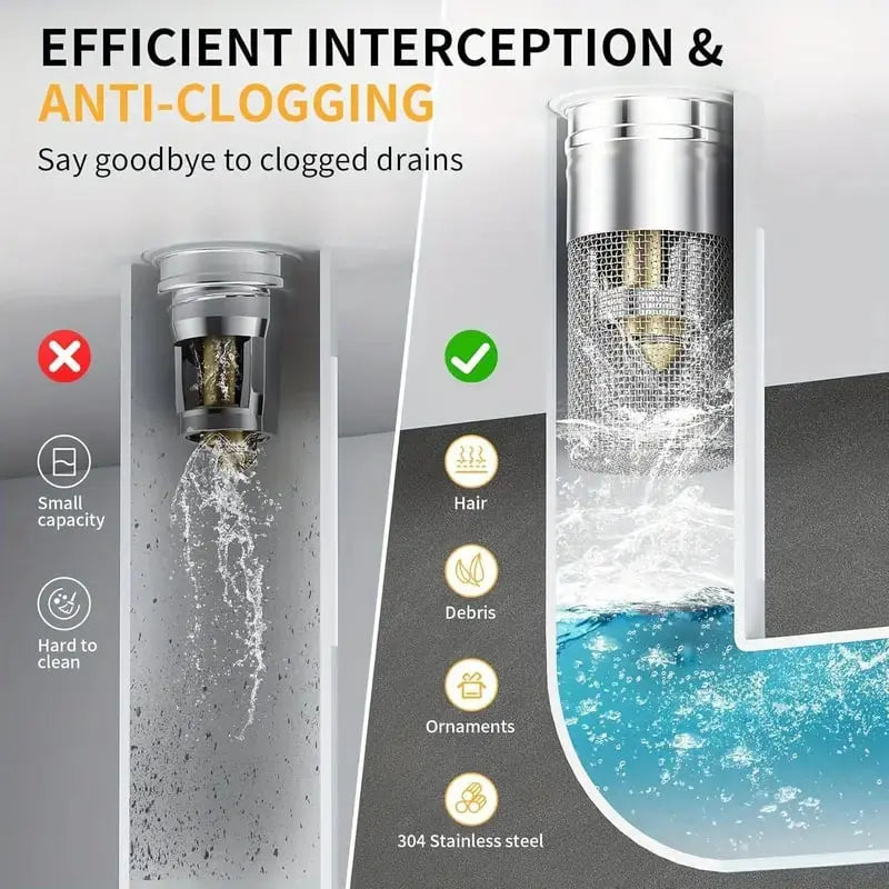 Mivoza stainless steel drain filter for bathroom sink, hair catcher with easy-clean design, sink-friendly pop-up drain stopper
