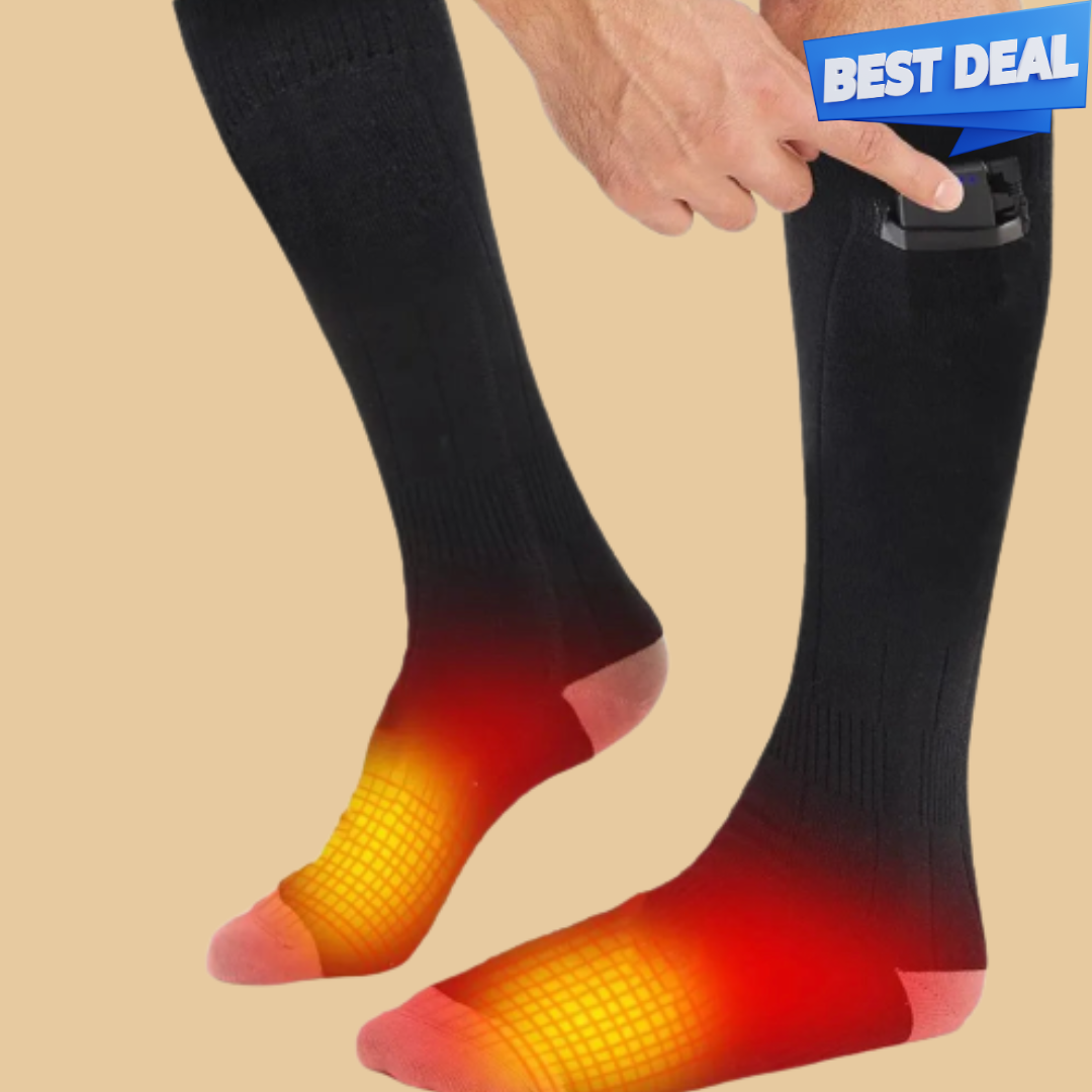 Three pairs of Belro unisex heated socks for outdoor use, showing cozy, thick knit fabric and battery packs for warmth.