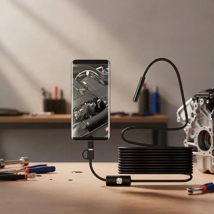 Mivoza HD endoscope camera for pipe and wall inspection, with plug-and-play design and flexible probe for detailed visual inspections.