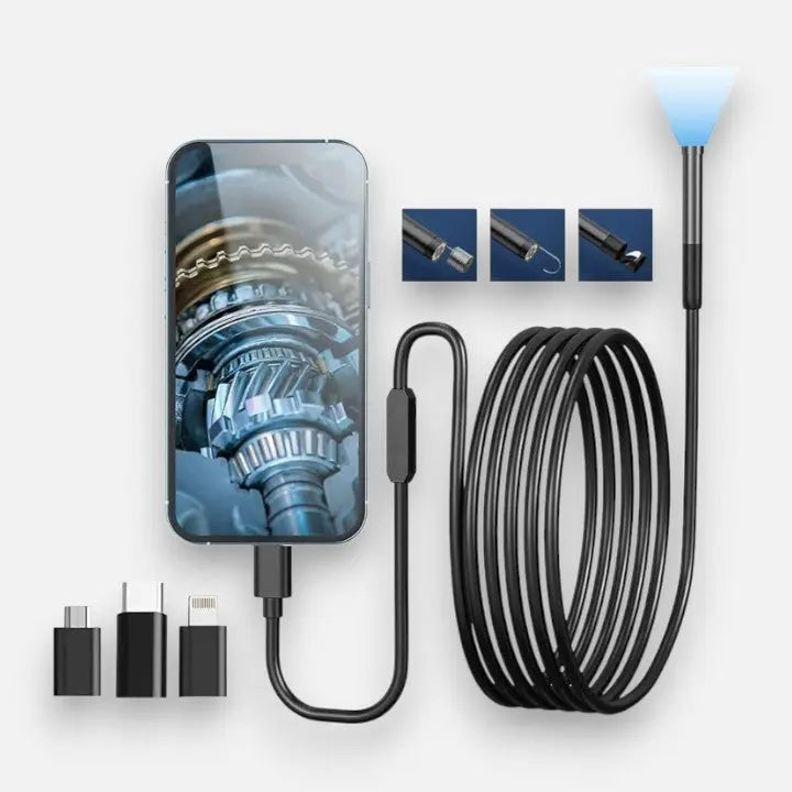 Mivoza HD endoscope camera for pipe and wall inspection, with flexible cable and camera head for detailed visual inspection.
