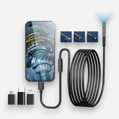 Mivoza HD endoscope camera for pipe and wall inspection, with flexible cable and camera head for detailed visual inspection.