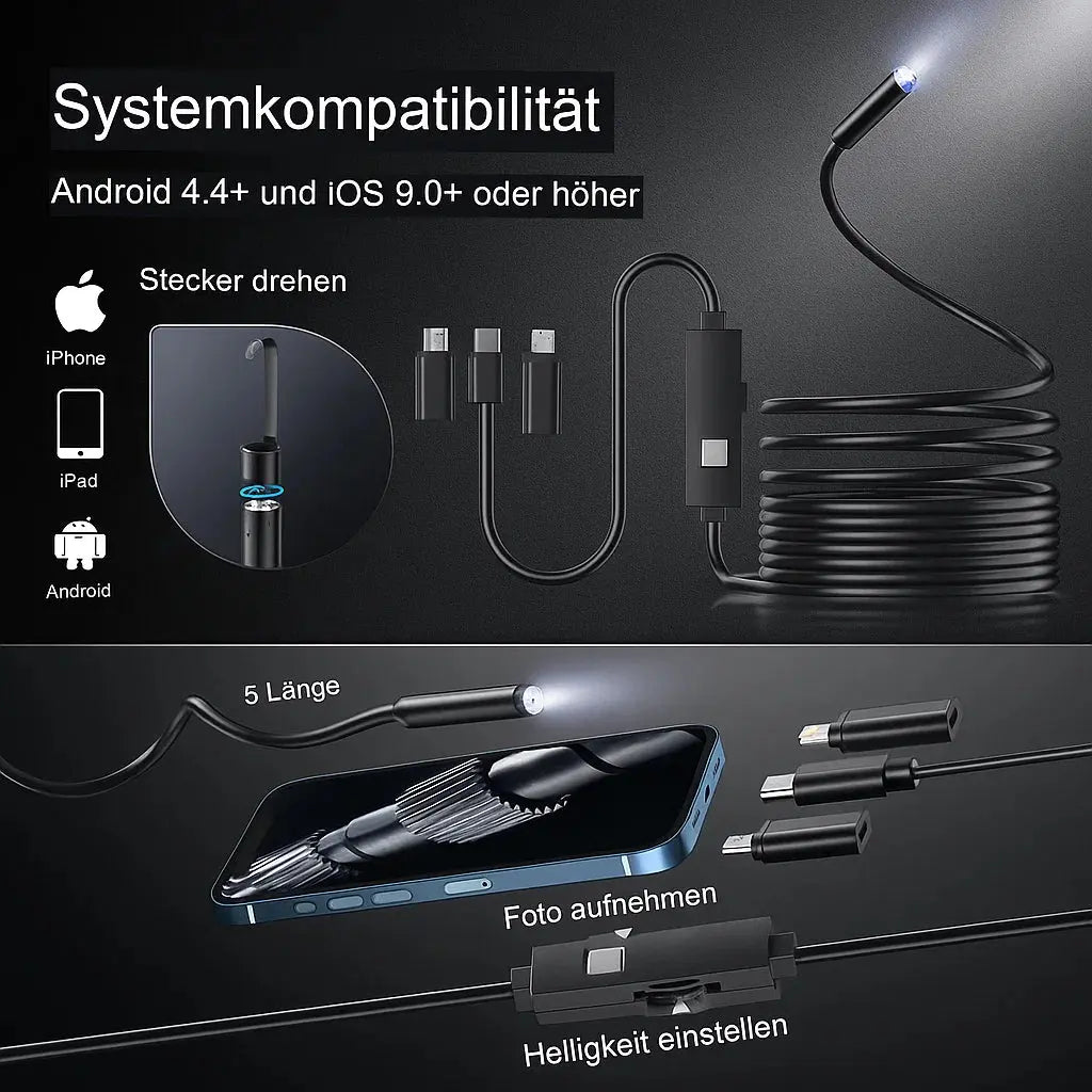 Mivoza HD endoscope camera for pipe and wall inspection showing flexible camera with LED light in dark, confined spaces.