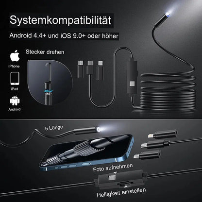 Mivoza HD endoscope camera for pipe and wall inspection showing flexible camera with LED light in dark, confined spaces.