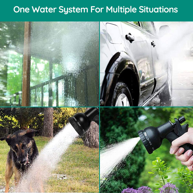 Belro 100FT expandable garden water hose connected to outdoor tap, flexible and lightweight for garden watering and outdoor tasks.
