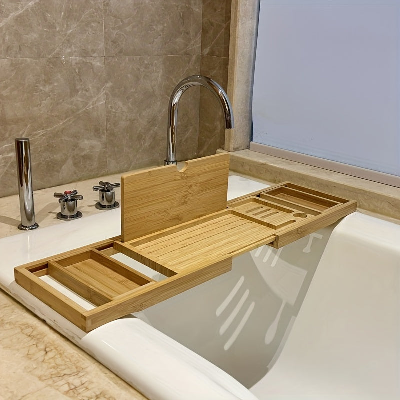 Belro bamboo bathtub tray for outdoor relaxation, showcasing a sleek wooden design with space for bath essentials and books.
