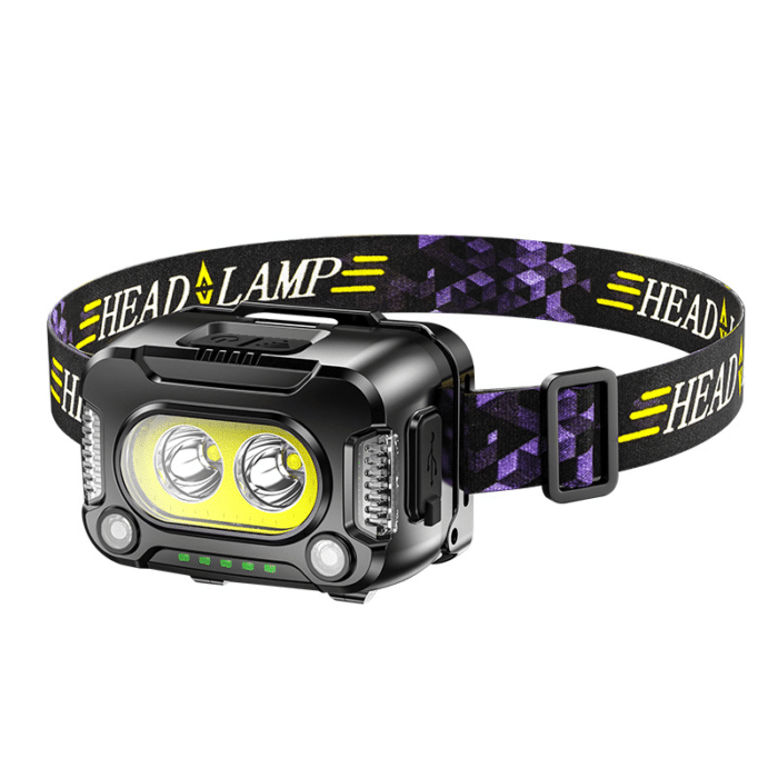 Belro USB rechargeable headlamp with adjustable strap and bright LED light, ideal for outdoor activities and hands-free lighting.