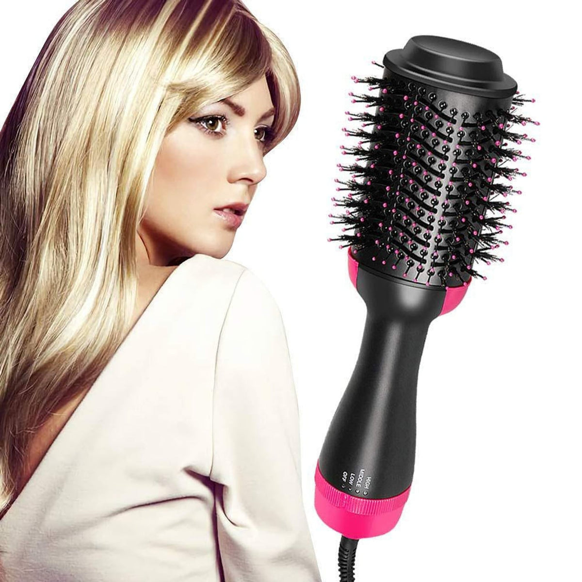 Belro blow-drying brush volumizer for hair, with a sleek handle and bristles designed for smooth, voluminous styling.