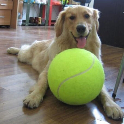 Large Belro dog tennis ball, 24 cm diameter, made for active pets, showcasing a bright yellow exterior and sturdy design.