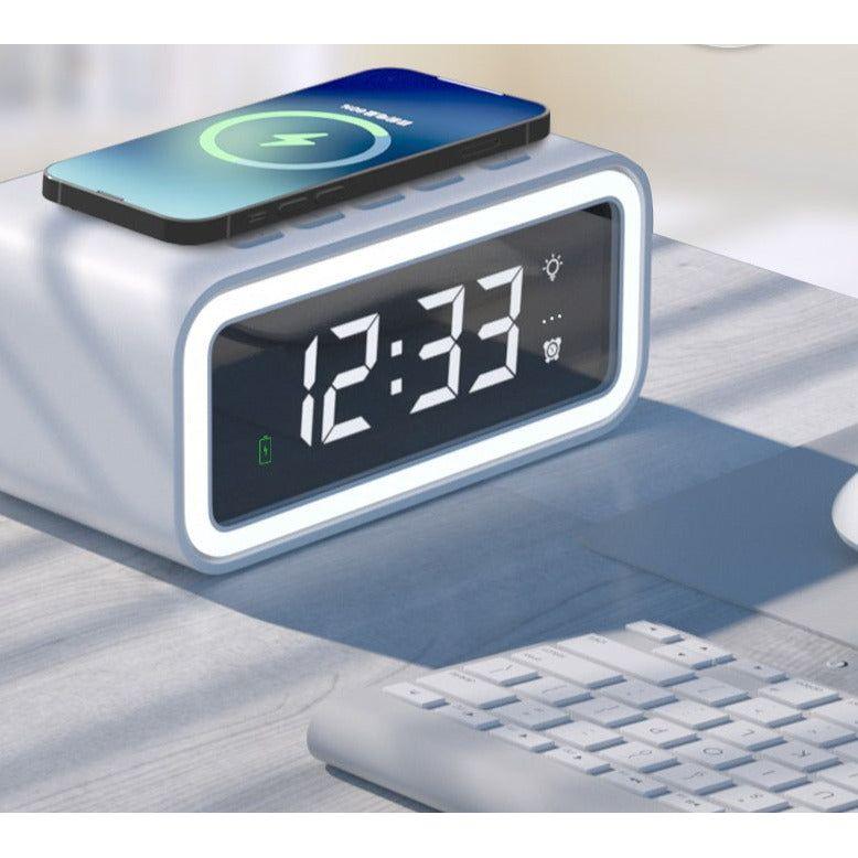 Belro 2-in-1 alarm clock with digital display and wireless charging capabilities, featuring multitime display and modern electronics design.