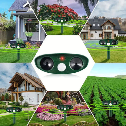 Belro solar-powered animal repeller with ultrasound, outdoor pest control device for deterring wildlife in home and garden areas.