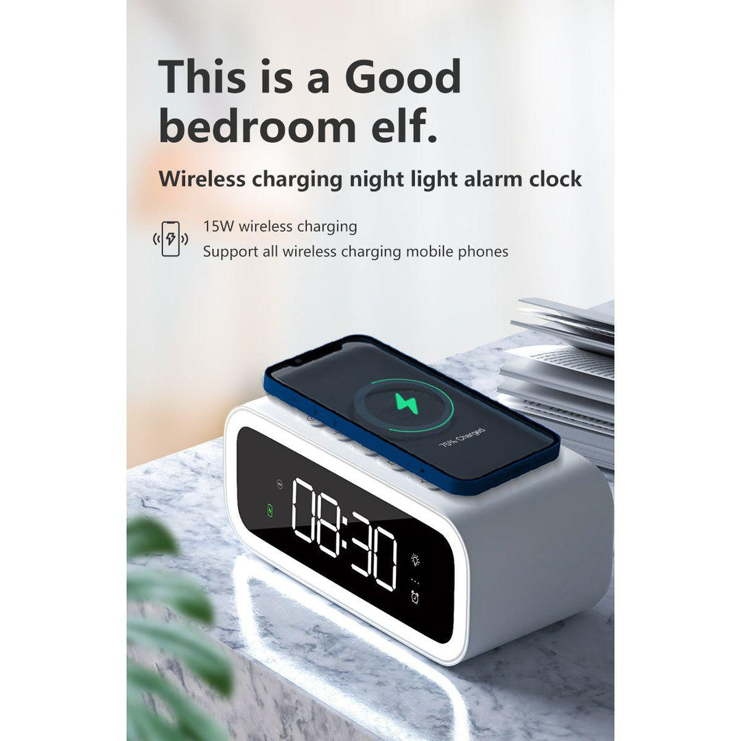 Belro 2-in-1 alarm clock with digital display and wireless charging feature, showing a modern electronic device on a nightstand.