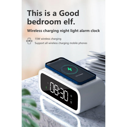 Belro 2-in-1 alarm clock with digital display and wireless charging feature, showing a modern electronic device on a nightstand.