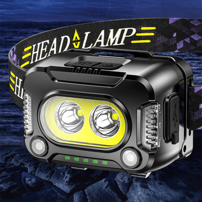 Belro USB rechargeable headlamp with adjustable strap and bright LED beam for hands-free lighting.