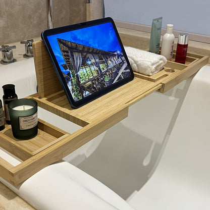 Belro bamboo bathtub tray for relaxation, featuring a natural wooden design perfect for holding books, candles, and beverages.