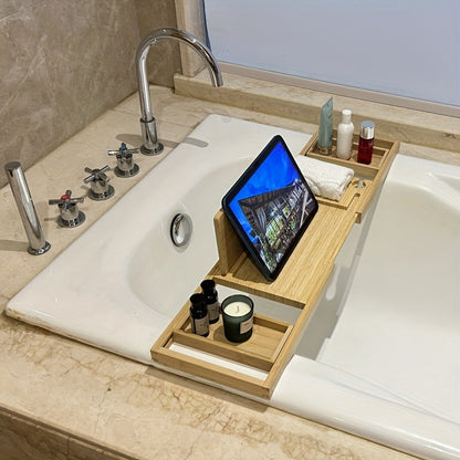 Belro bamboo bathtub tray resting across a bathtub, designed for holding drinks, books, and accessories for a relaxing bath experience.