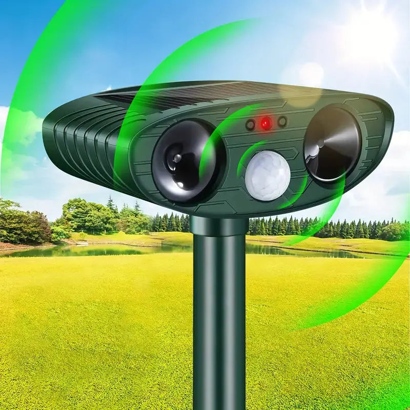 Belro solar-powered animal repeller with ultrasound, outdoor pest control device for deterring wildlife in the garden.