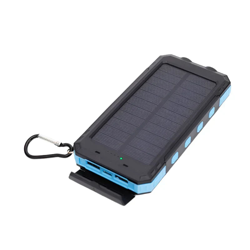 Belro solar charger and power bank, portable electronics device with solar panels and multiple USB ports for charging on the go