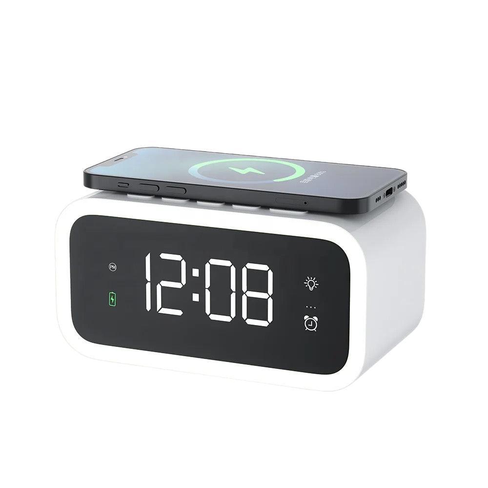 Belro 2-in-1 Alarm Clock with digital display showing multiple time zones, wireless charging pad on sleek electronic device.