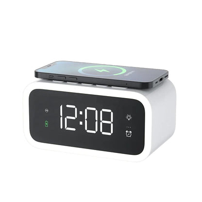 Belro 2-in-1 Alarm Clock with digital display showing multiple time zones, wireless charging pad on sleek electronic device.