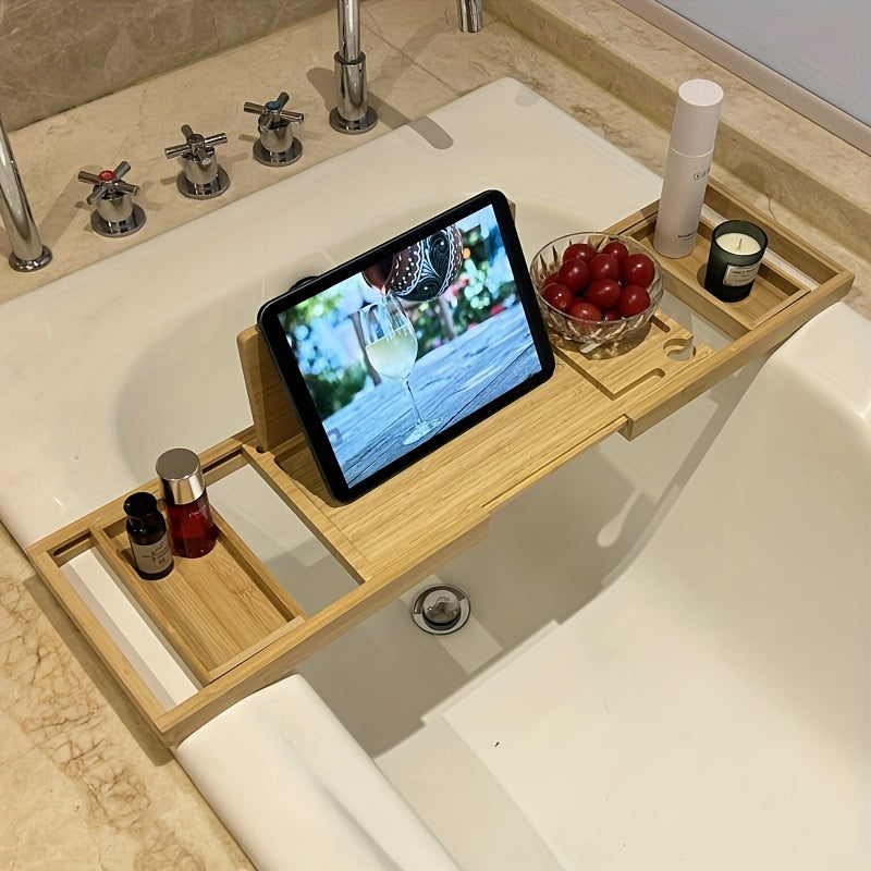 Belro bamboo bathtub tray resting across a bathtub, featuring a natural finish and built-in slots for books and drinks for ultimate relaxation.