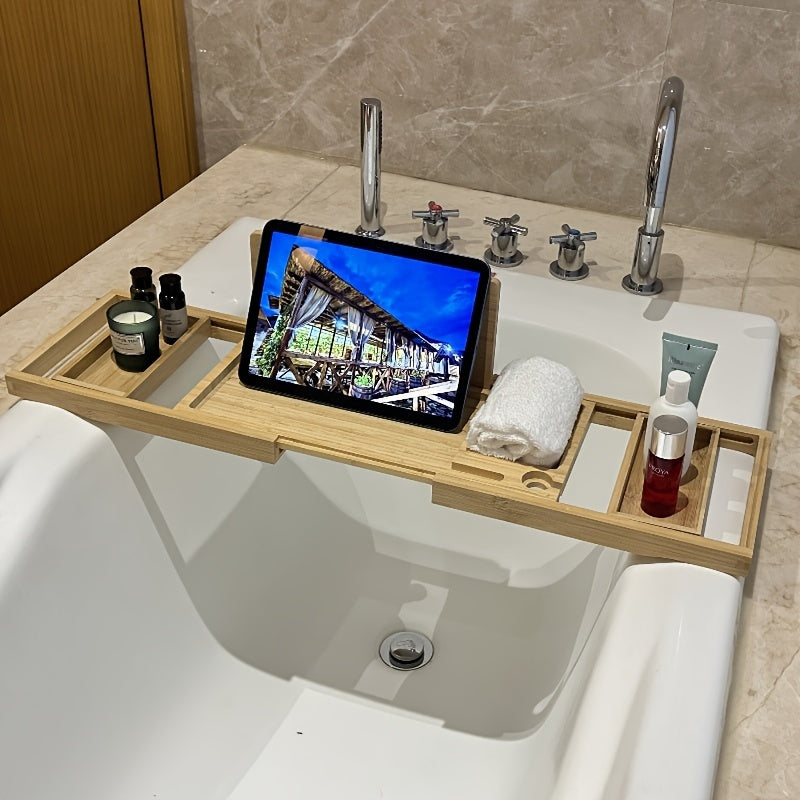 Belro bamboo bathtub tray showing a natural finish, designed for relaxing baths with space for books, candles, and beverages.
