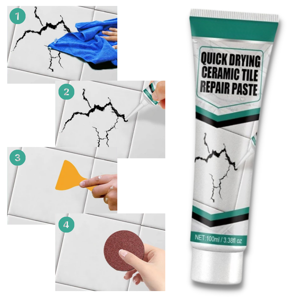 Belro Ceramic Repair Paste Kit with tools for fixing and restoring ceramic surfaces, shown with repair materials and applicator tools.