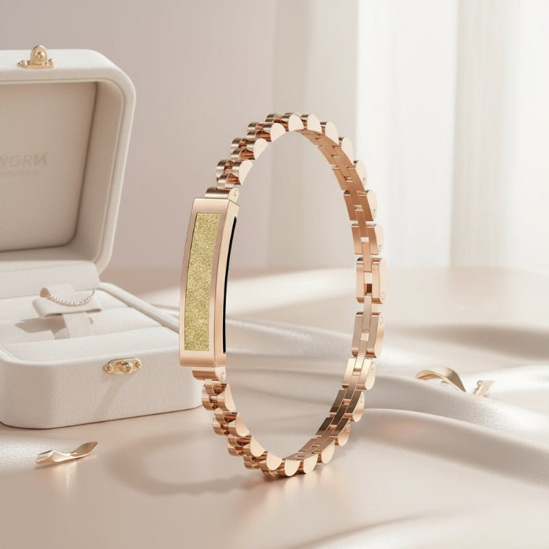 Mivoza smart fitness bracelet with stainless steel jewelry design, Bluetooth tracker for women, fitness and wellness monitoring.