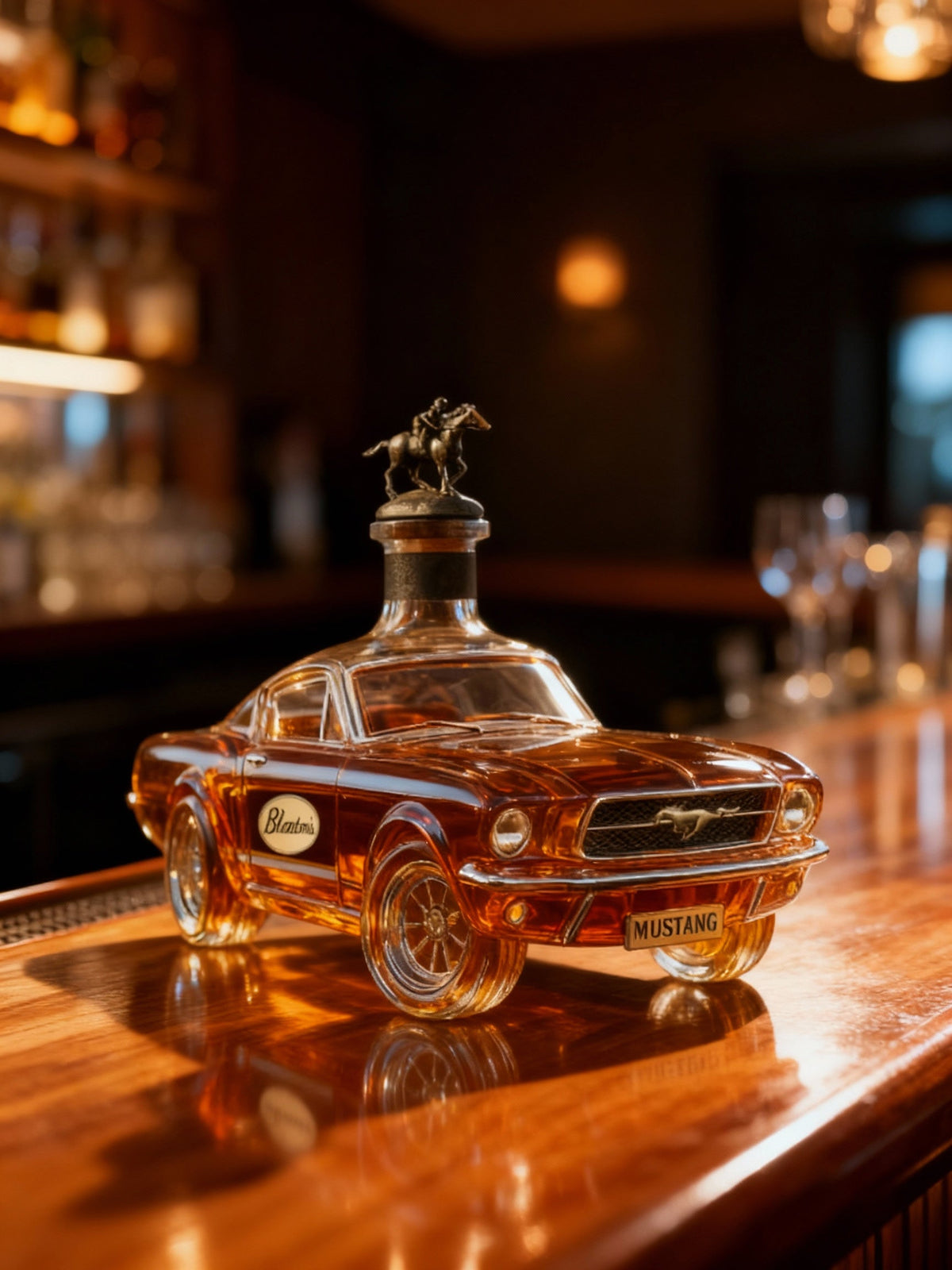 Glass Mustang car whiskey decanter by BowLift, featuring a detailed collectible design, ideal for home bar display.