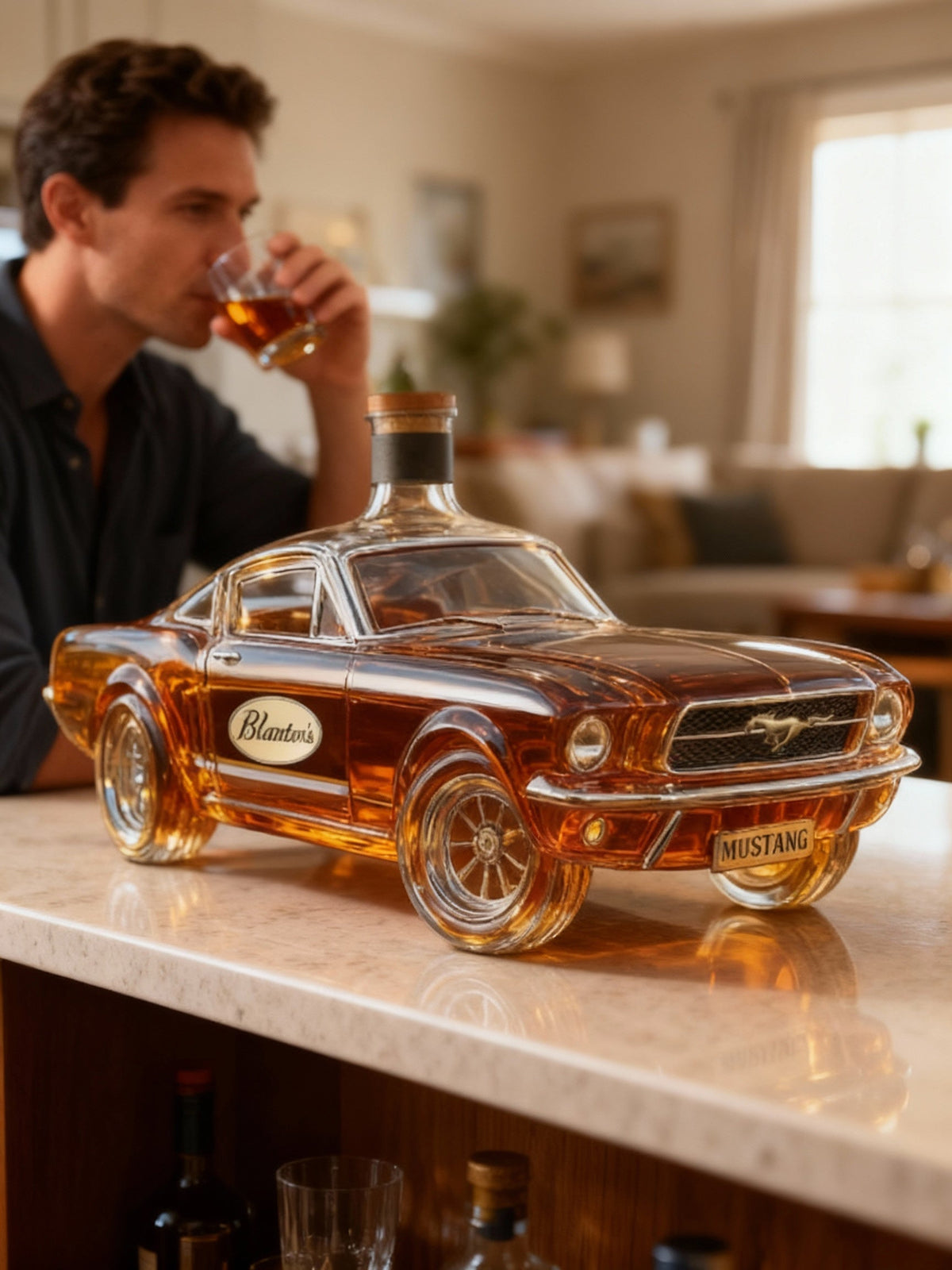 Glass Mustang car whiskey decanter by BowLift featuring a detailed Mustang horse design for collectible home bar decor.