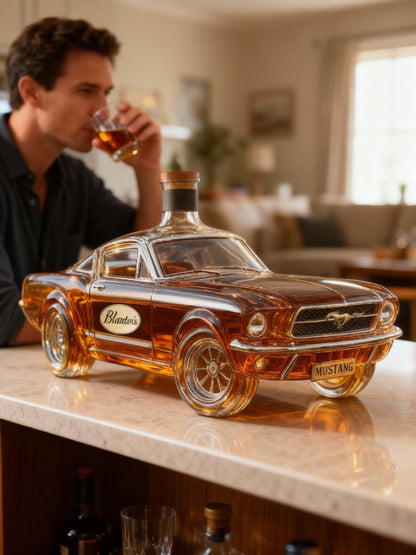 Glass Mustang car whiskey decanter by BowLift featuring a detailed Mustang horse design for collectible home bar decor.