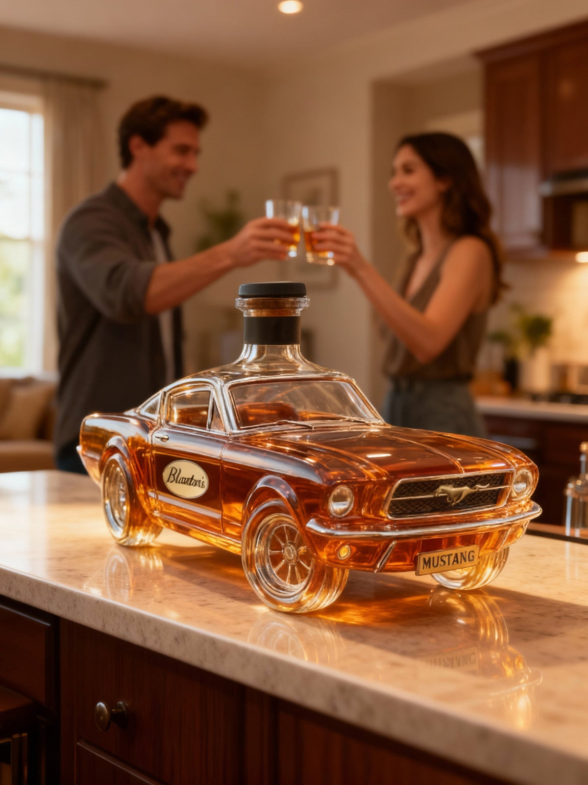 BowLift Mustang Car whiskey decanter with glass bottle featuring detailed car design, ideal for home bar and collectible gift.