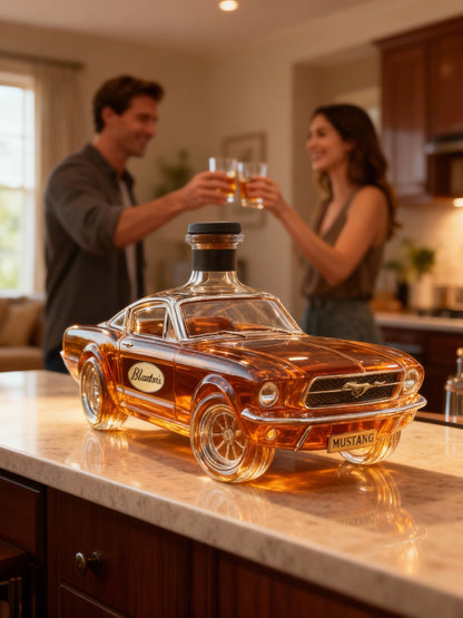 BowLift Mustang Car whiskey decanter with glass bottle featuring detailed car design, ideal for home bar and collectible gift.