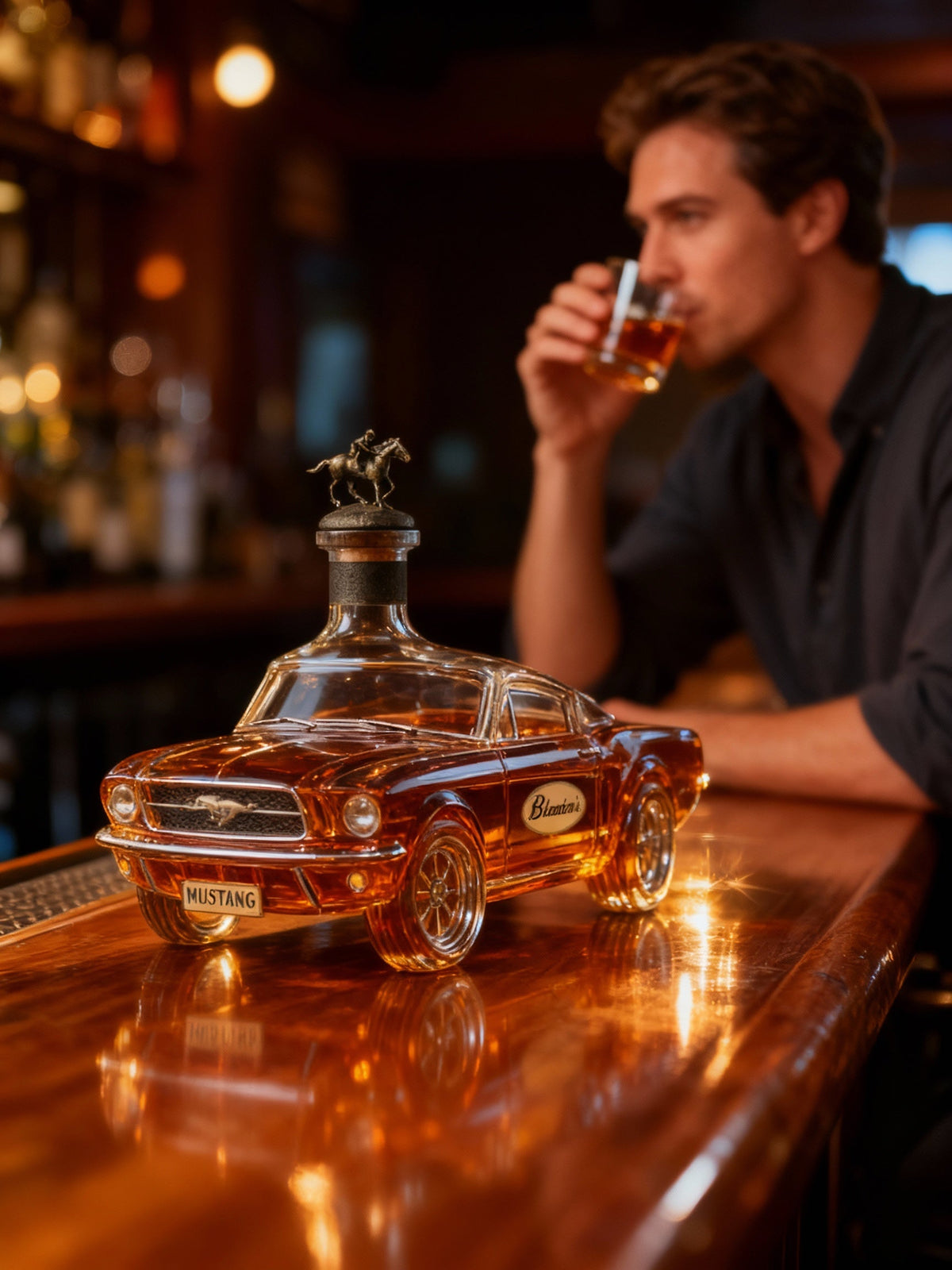 BowLift Mustang Car whiskey decanter, glass collectible with detailed car design, ideal for home bar or gift display.