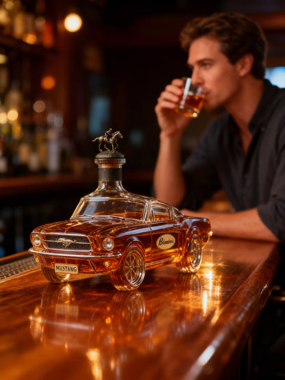 BowLift Mustang Car whiskey decanter, glass collectible with detailed car design, ideal for home bar or gift display.