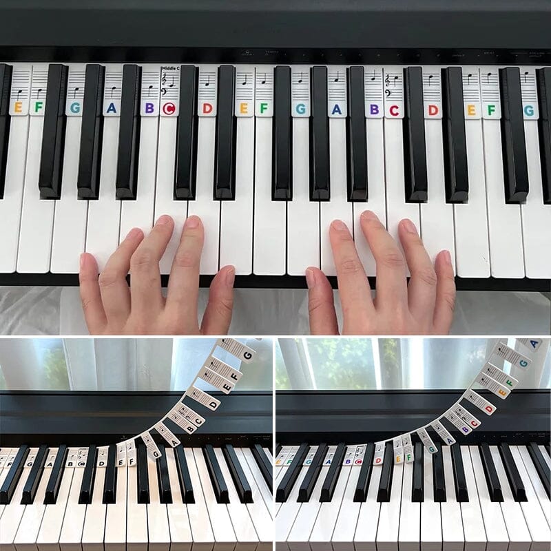 Color-coded removable piano keyboard note labels by BowLift on a keyboard, showing vibrant stickers for easy musical note learning.