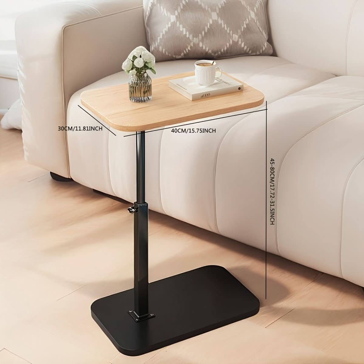 Mivoza height-adjustable side table with wood top and metal frame, suitable for sofa or bedroom use.