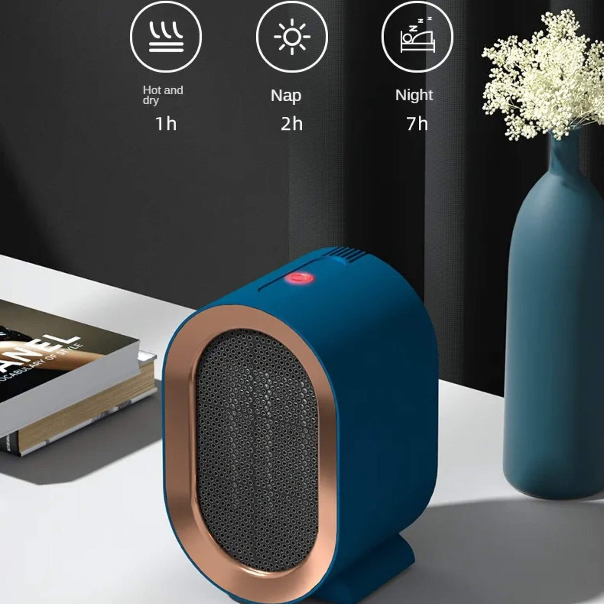 Small Belro energy-efficient portable electric heater with digital controls and compact design for home heating.