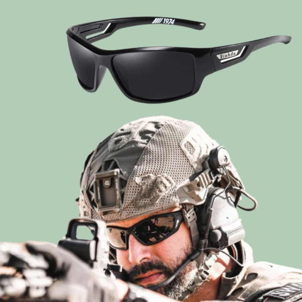 BowLift polarized military sunglasses with UV400 protection, featuring black frames and dark lenses for outdoor sports and fishing.