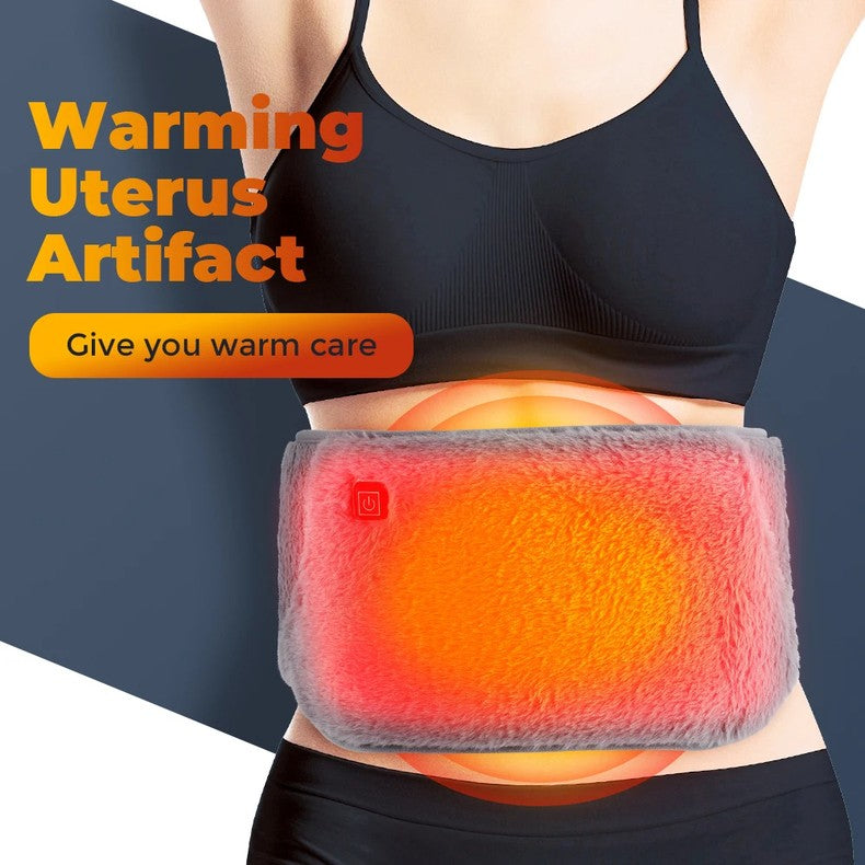 Belro electric heating belt for pain relief, shown in a user wearing it around their waist for warmth and comfort.