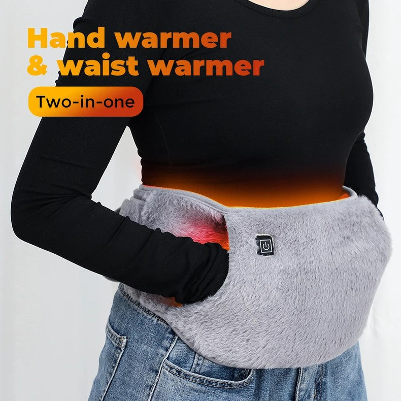 Belro electric heating belt for pain relief, showing a person wearing the adjustable belt around their lower back.