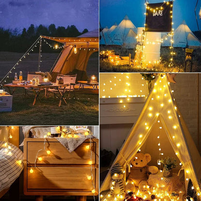 Belro solar-powered fairy lights for outdoor use, string of LED lights hanging in a garden setting, eco-friendly outdoor lighting.